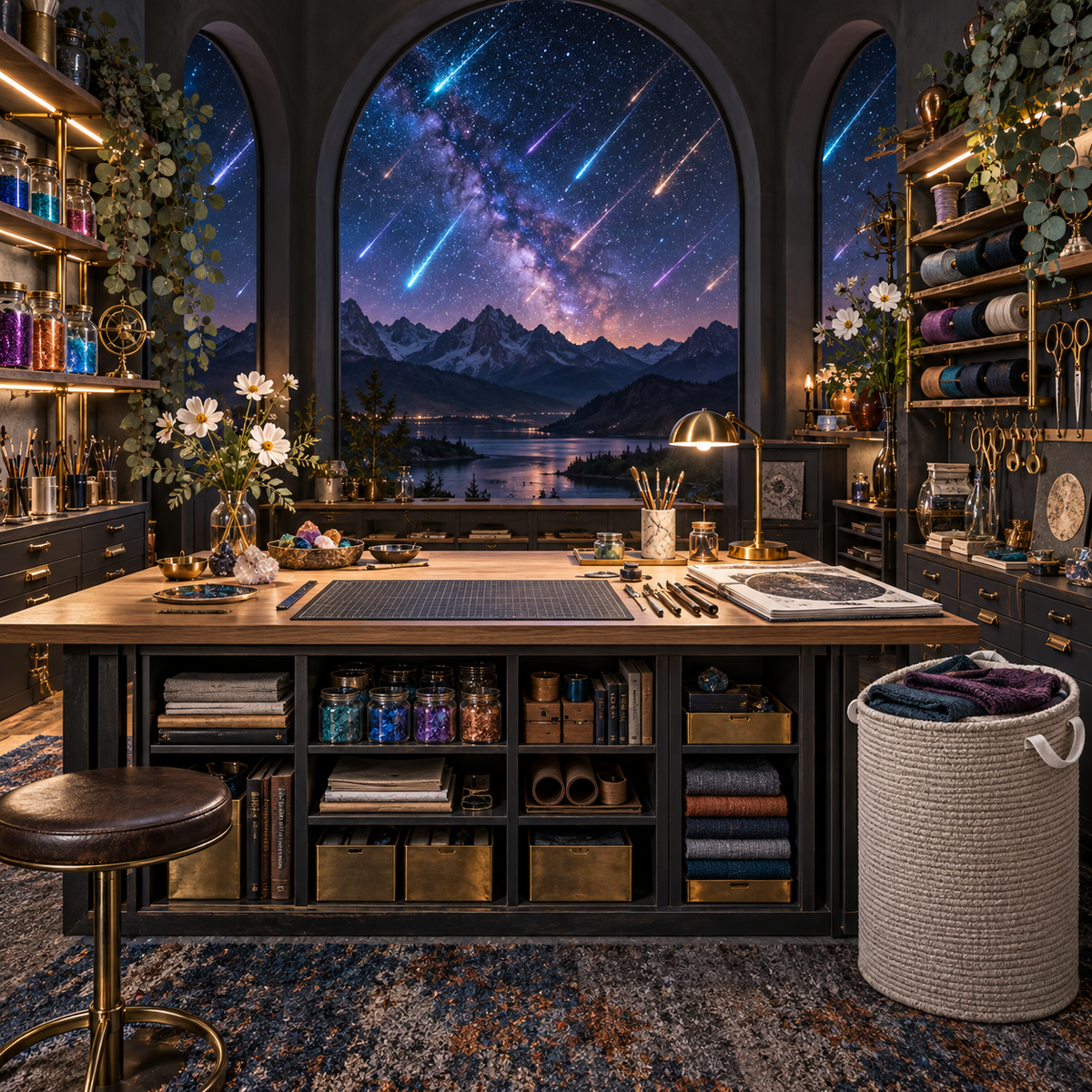 Meteor Maker Studio Laundry Hamper with printed optical 3D artwork in its use setting
