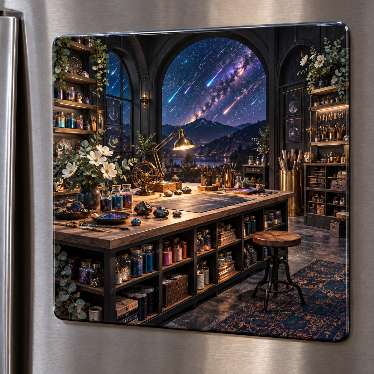Meteor Maker Studio Acrylic Refrigerator Magnet with printed optical 3D artwork in its use setting
