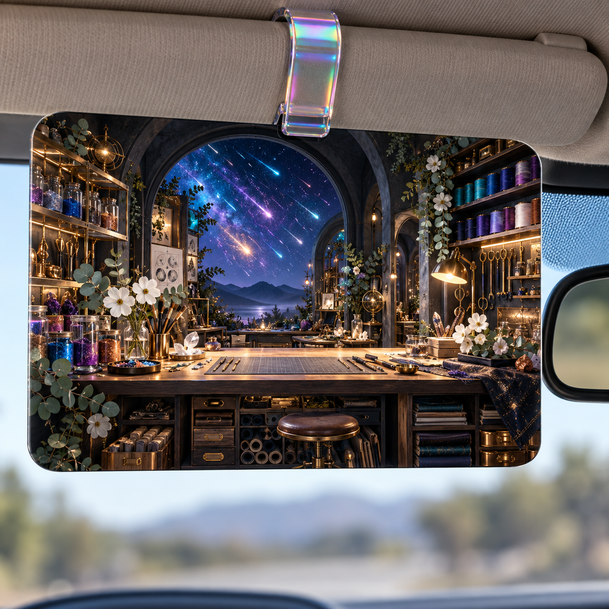 Meteor Maker Studio Holographic Car Visor Clip with printed optical 3D artwork in its use setting