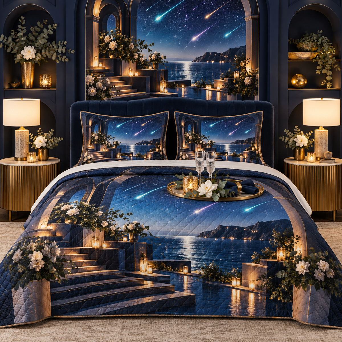 Meteor Welcome Table Quilted Bedding Set with printed optical 3D artwork in its use setting