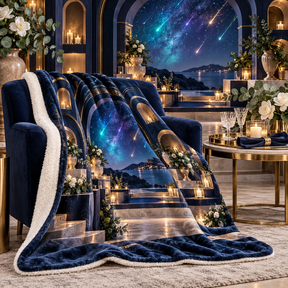 Meteor Welcome Table Sherpa & Fleece Blanket with printed optical 3D artwork in its use setting
