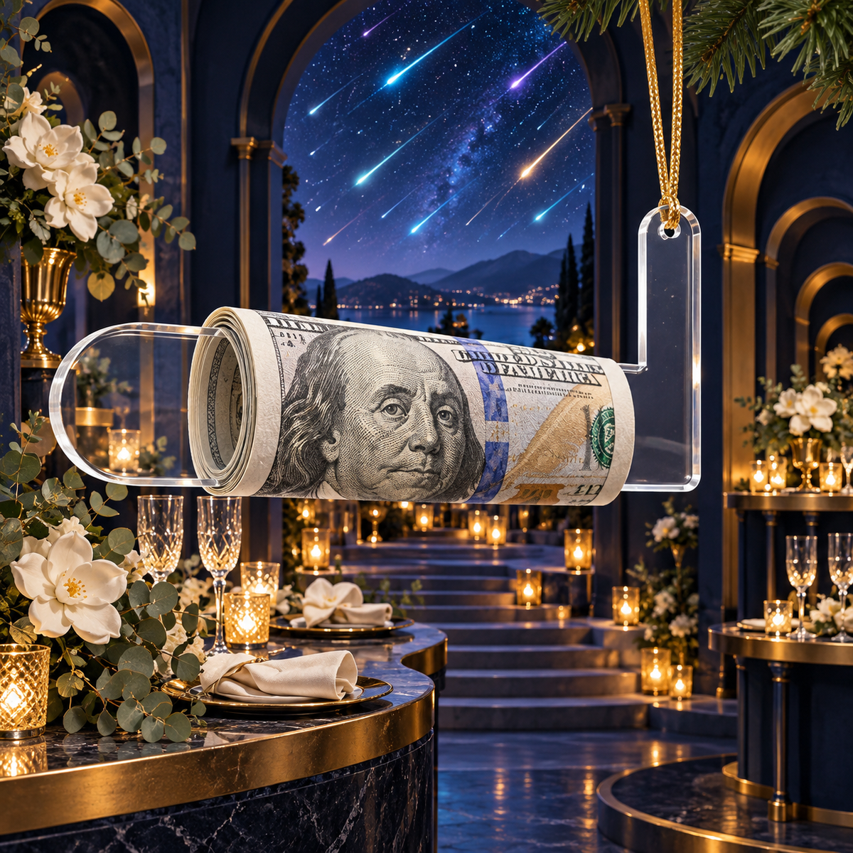 Meteor Welcome Table Acrylic Cash Holder Ornament with printed optical 3D artwork in its use setting