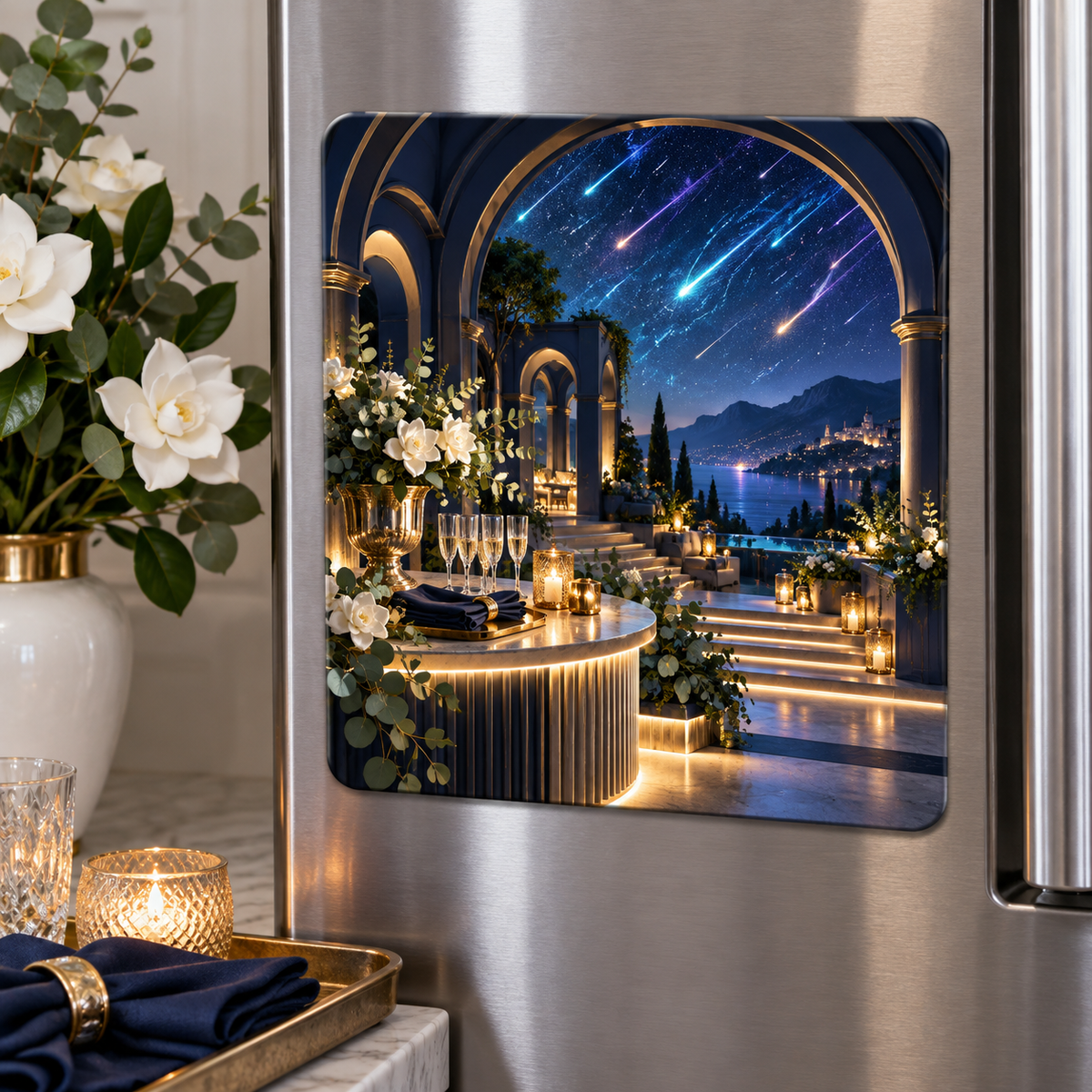 Meteor Welcome Table Acrylic Refrigerator Magnet with printed optical 3D artwork in its use setting