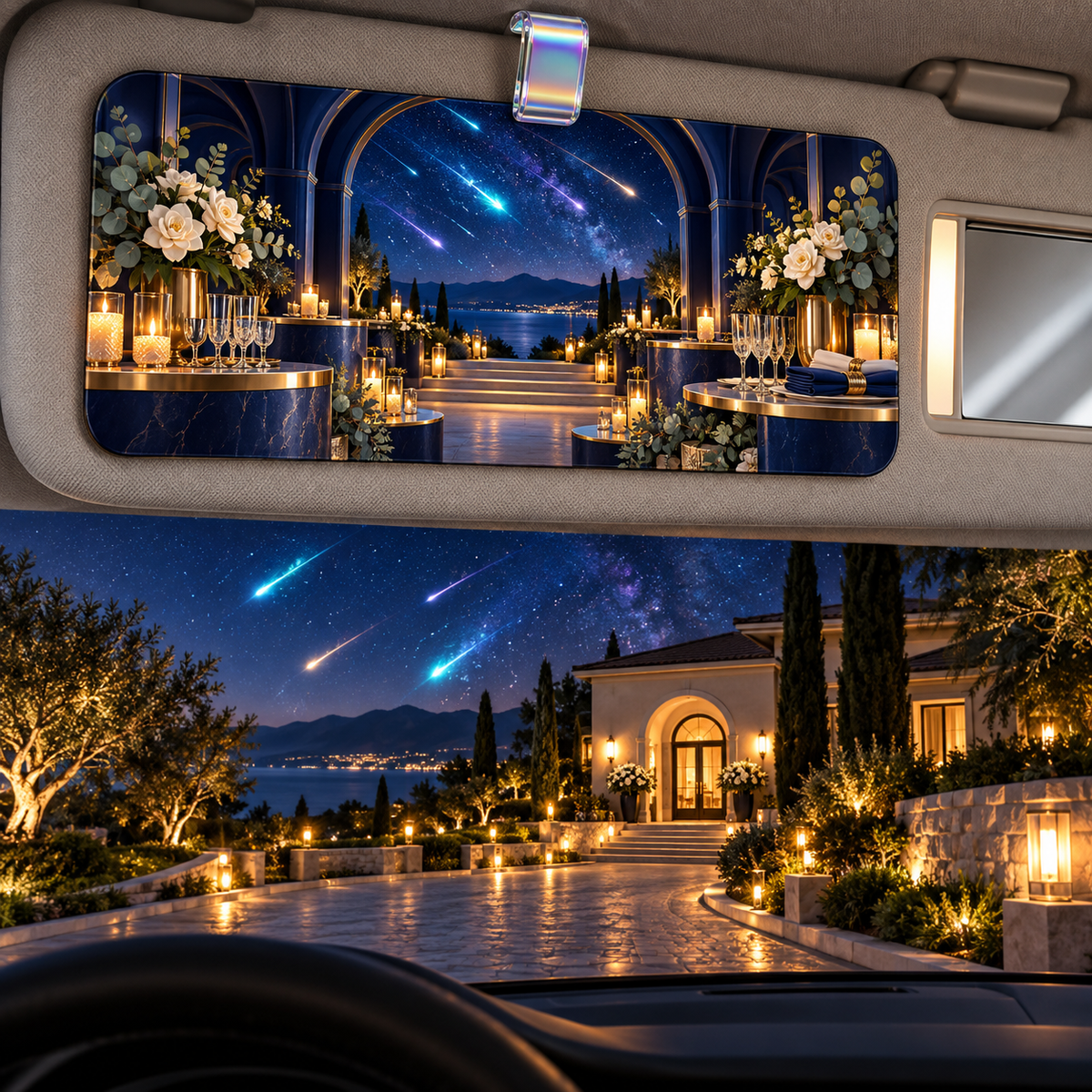 Meteor Welcome Table Holographic Car Visor Clip with printed optical 3D artwork in its use setting