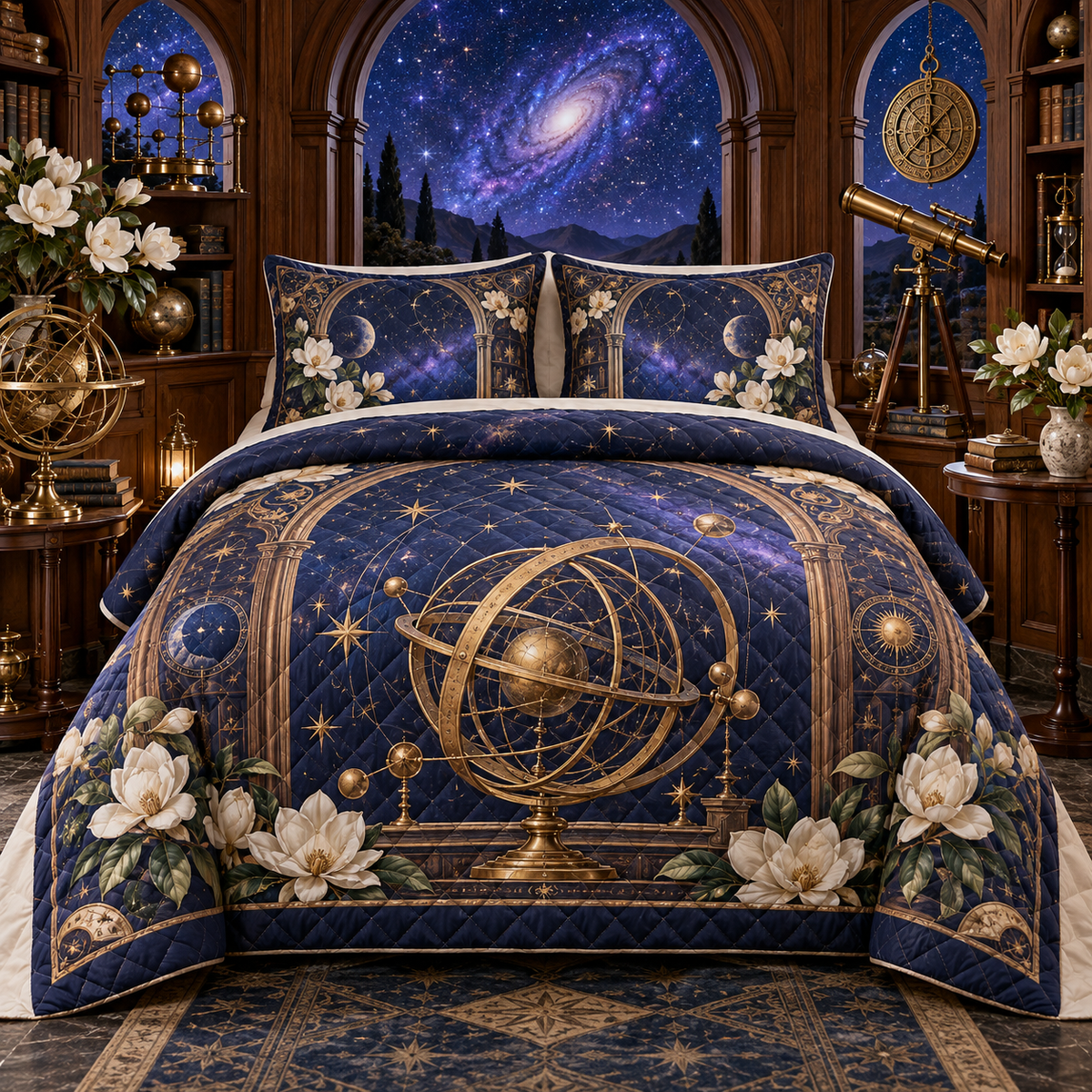Celestial Scholar Nook Quilted Bedding Set with printed optical 3D artwork in its use setting