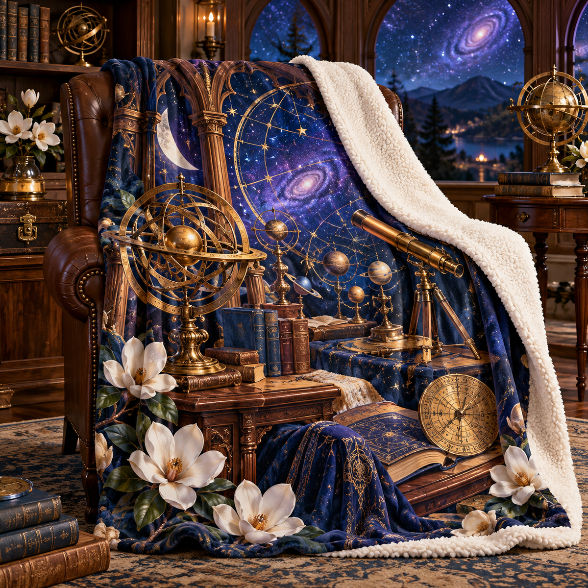 Celestial Scholar Nook Sherpa & Fleece Blanket with printed optical 3D artwork in its use setting