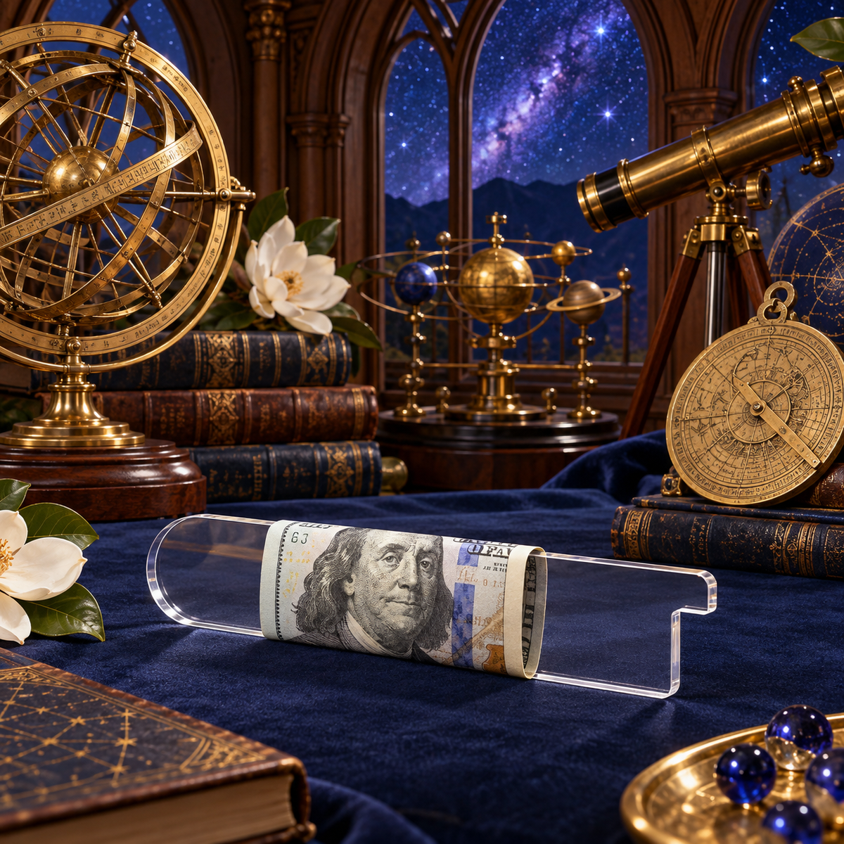 Celestial Scholar Nook Acrylic Cash Holder Ornament with printed optical 3D artwork in its use setting