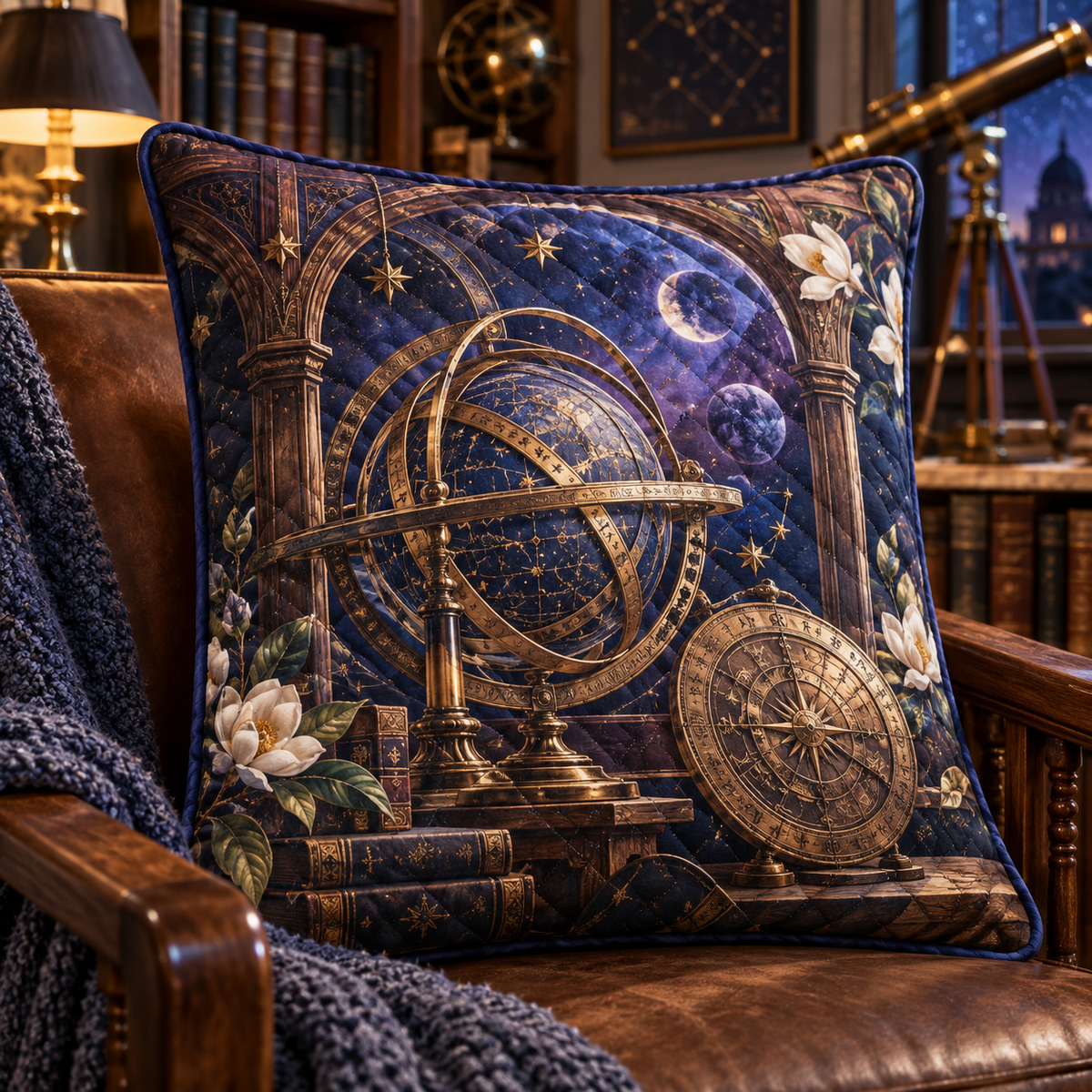 Celestial Scholar Nook Quilted Cushion Cover with printed optical 3D artwork in its use setting