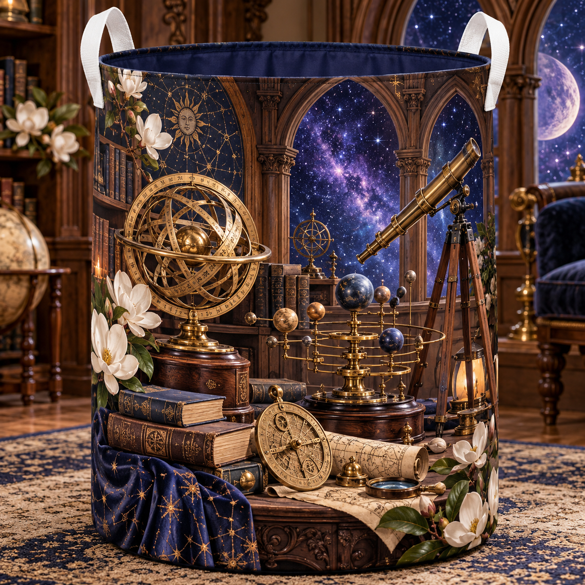 Celestial Scholar Nook Laundry Hamper with printed optical 3D artwork in its use setting