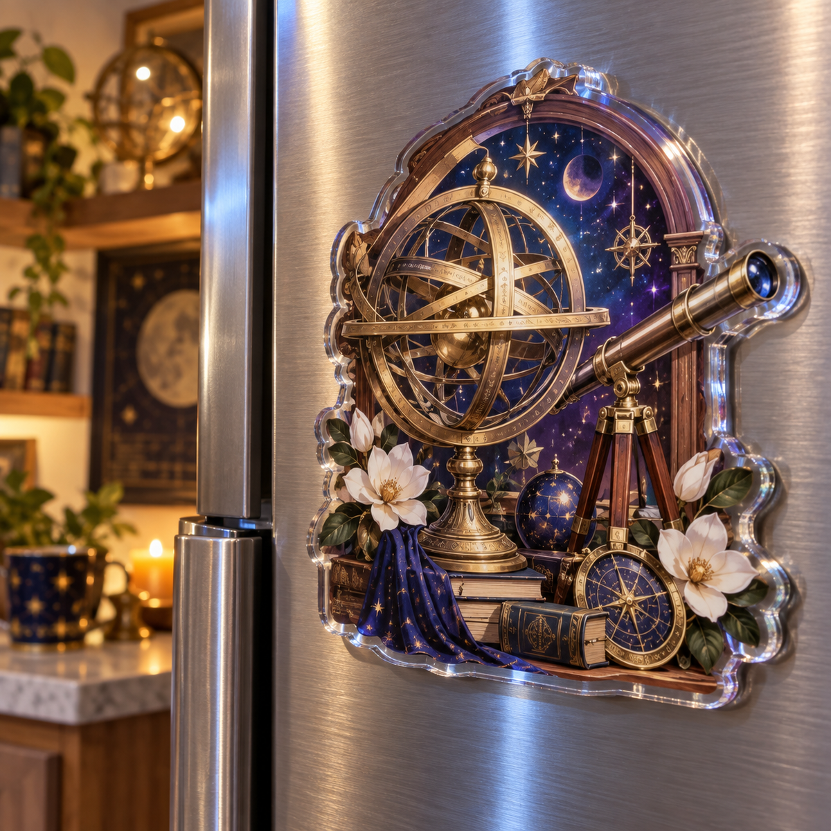 Celestial Scholar Nook Acrylic Refrigerator Magnet with printed optical 3D artwork in its use setting