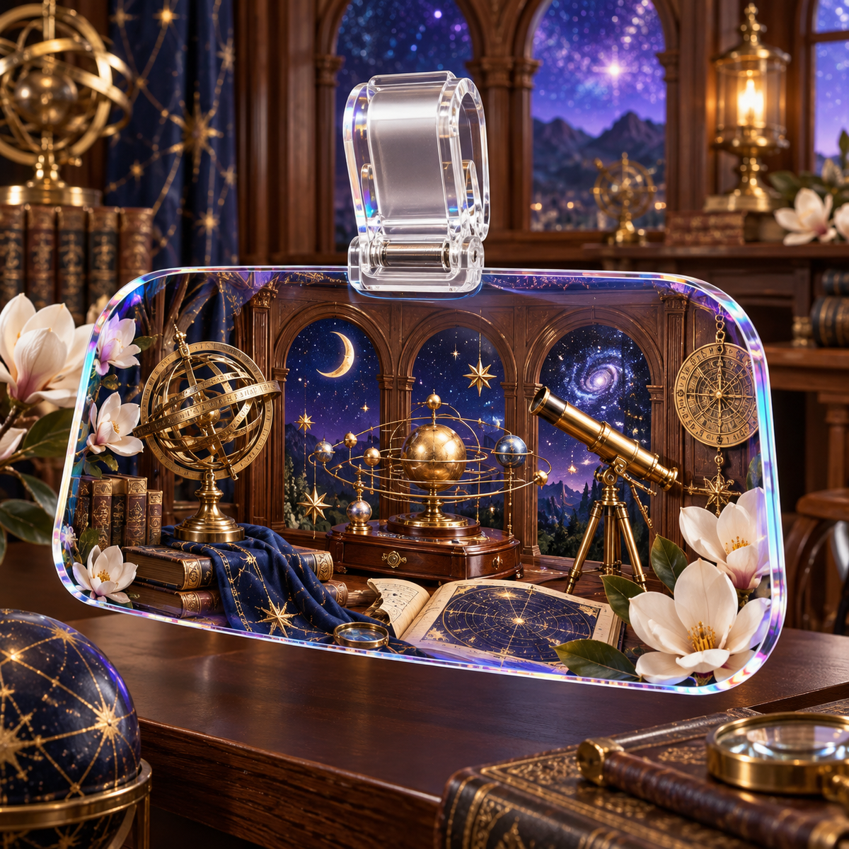 Celestial Scholar Nook Holographic Car Visor Clip with printed optical 3D artwork in its use setting