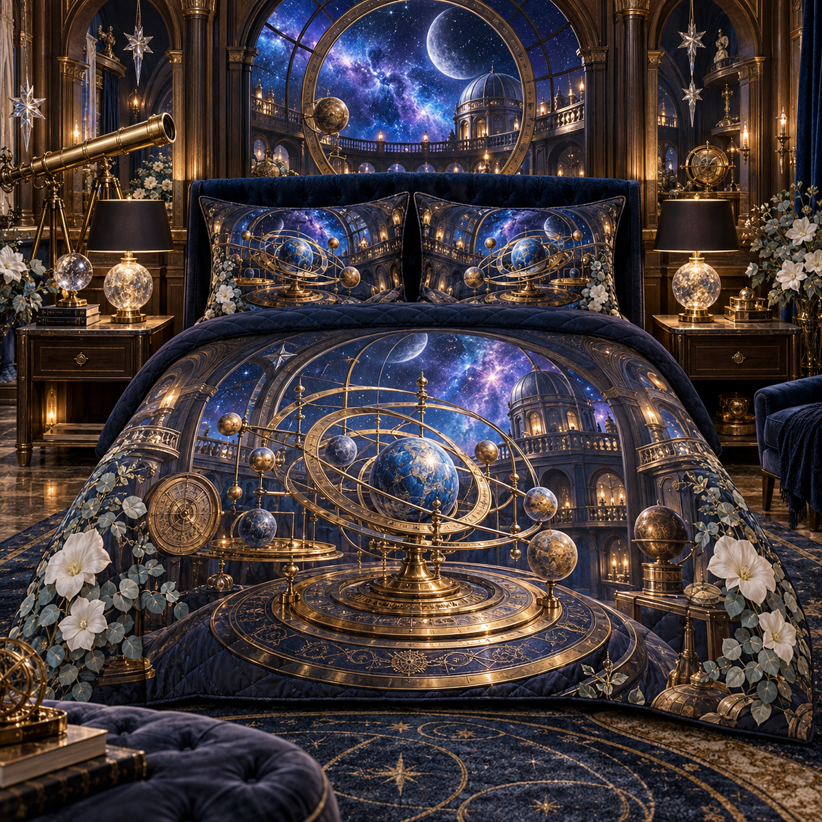 Grand Orrery Observatory Suite Quilted Bedding Set with printed optical 3D artwork in its use setting