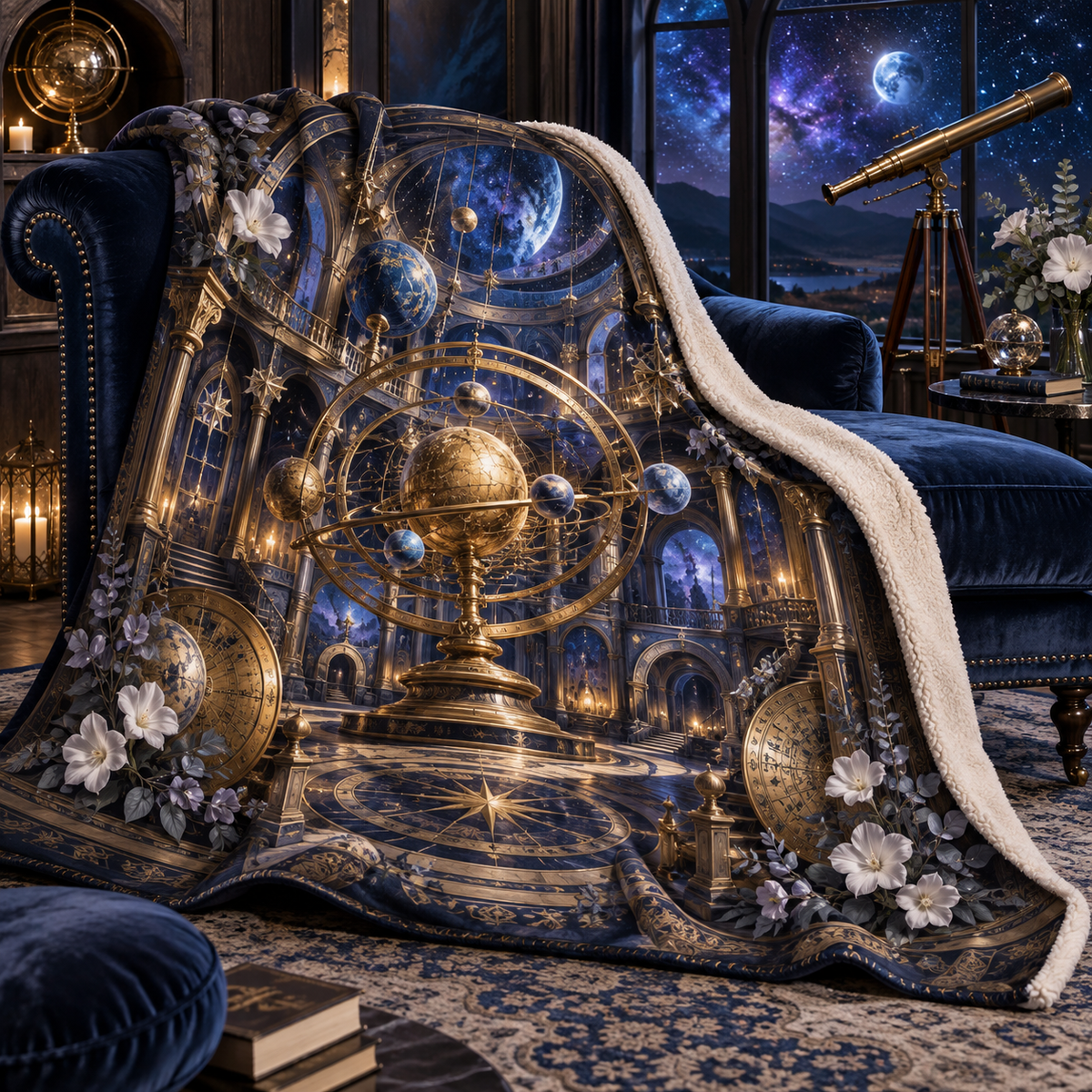 Grand Orrery Observatory Suite Sherpa & Fleece Blanket with printed optical 3D artwork in its use setting