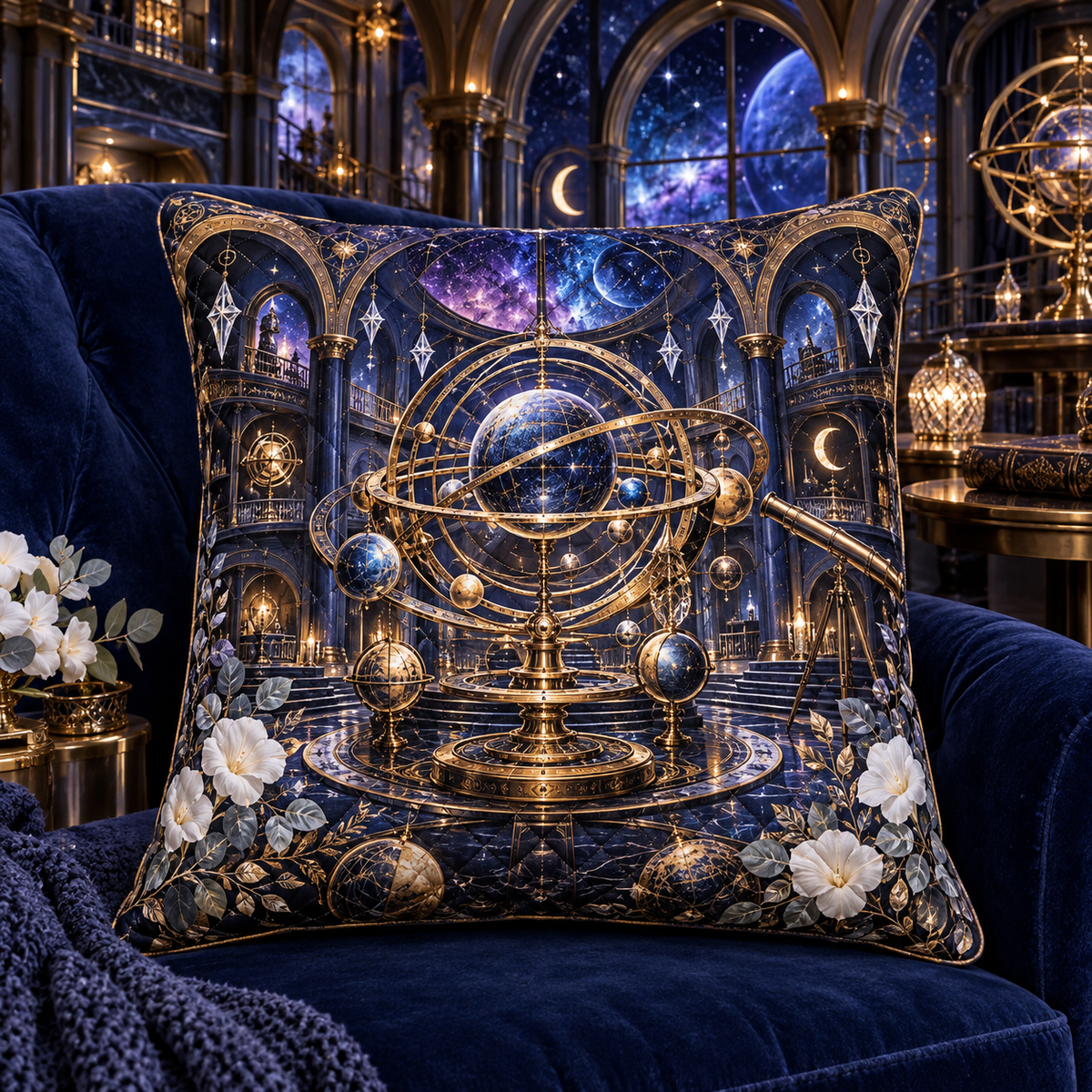Grand Orrery Observatory Suite Quilted Cushion Cover with printed optical 3D artwork in its use setting