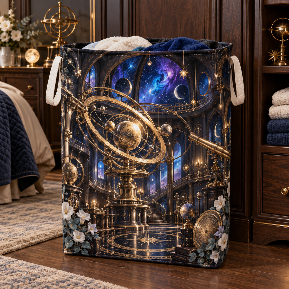 Grand Orrery Observatory Suite Laundry Hamper with printed optical 3D artwork in its use setting