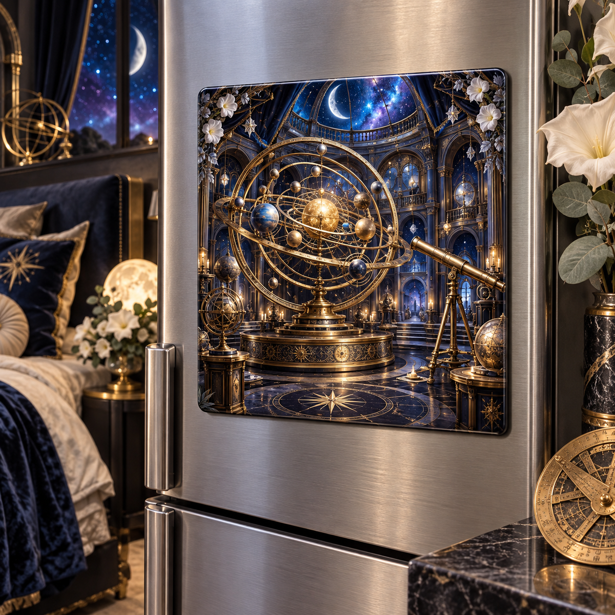 Grand Orrery Observatory Suite Acrylic Refrigerator Magnet with printed optical 3D artwork in its use setting