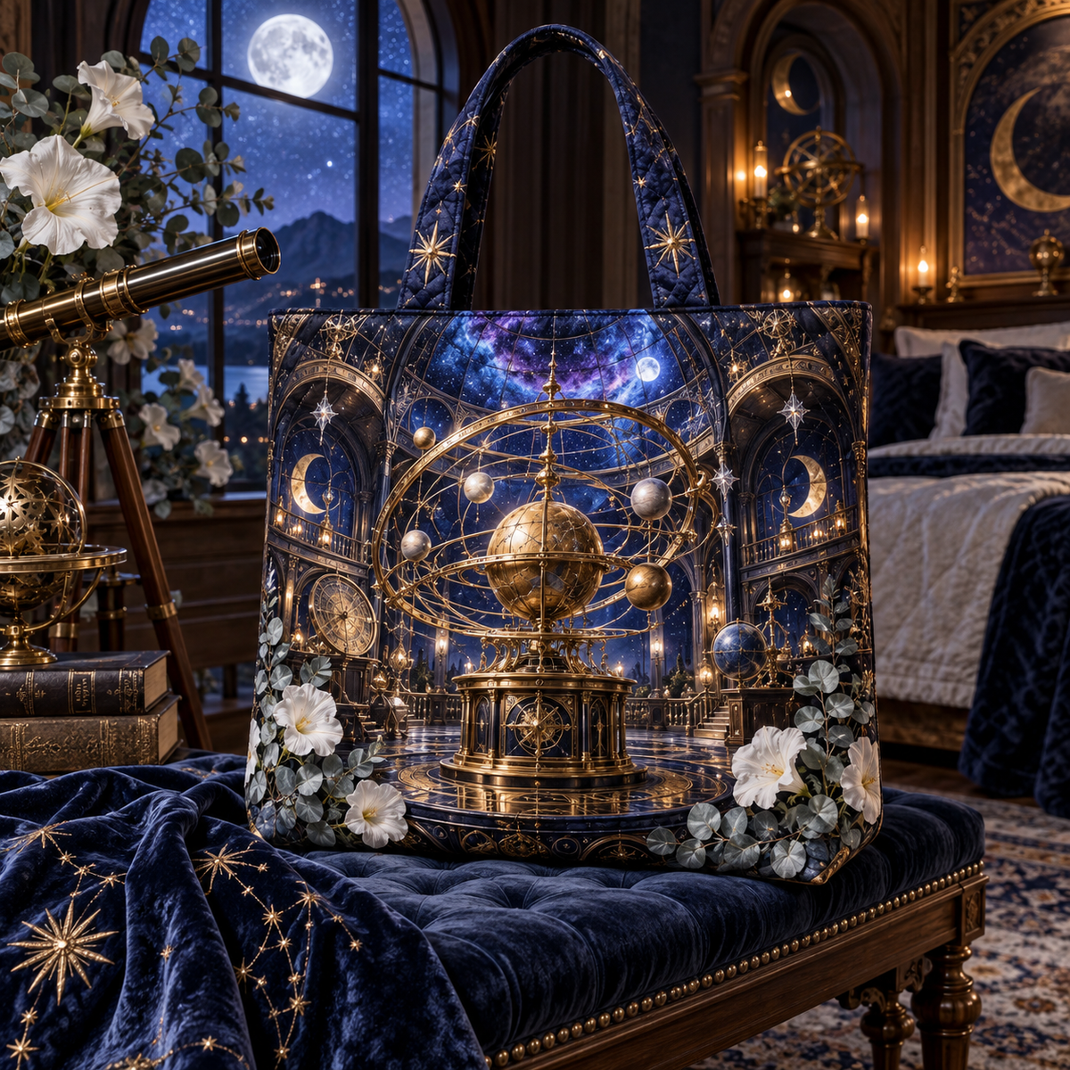 Grand Orrery Observatory Suite Quilted Tote Bag with printed optical 3D artwork in its use setting