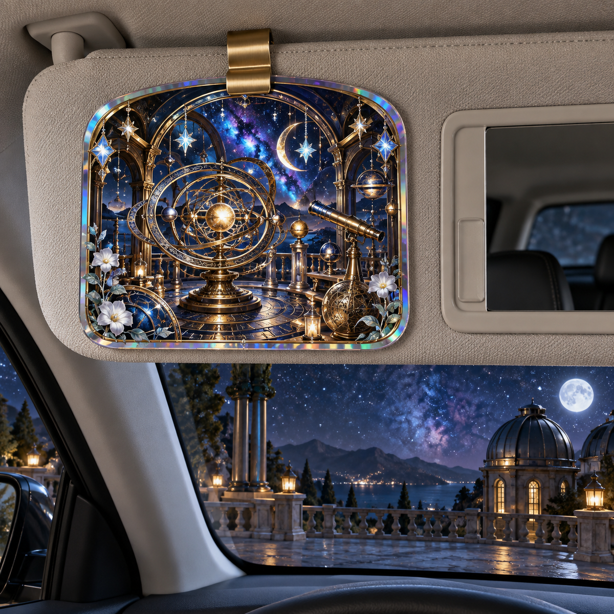 Grand Orrery Observatory Suite Holographic Car Visor Clip with printed optical 3D artwork in its use setting