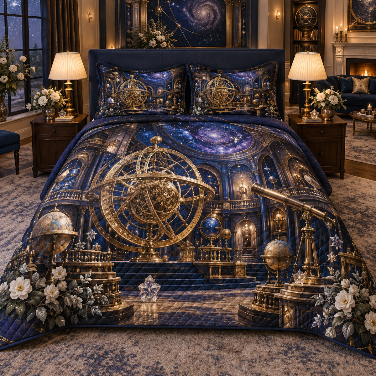 Celestial Curator Salon Quilted Bedding Set with printed optical 3D artwork in its use setting