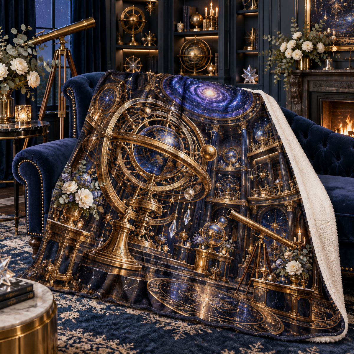 Celestial Curator Salon Sherpa & Fleece Blanket with printed optical 3D artwork in its use setting