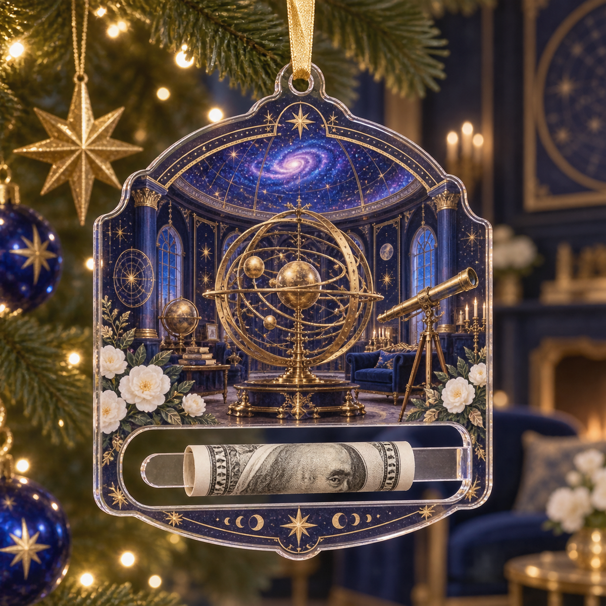 Celestial Curator Salon Acrylic Cash Holder Ornament with printed optical 3D artwork in its use setting