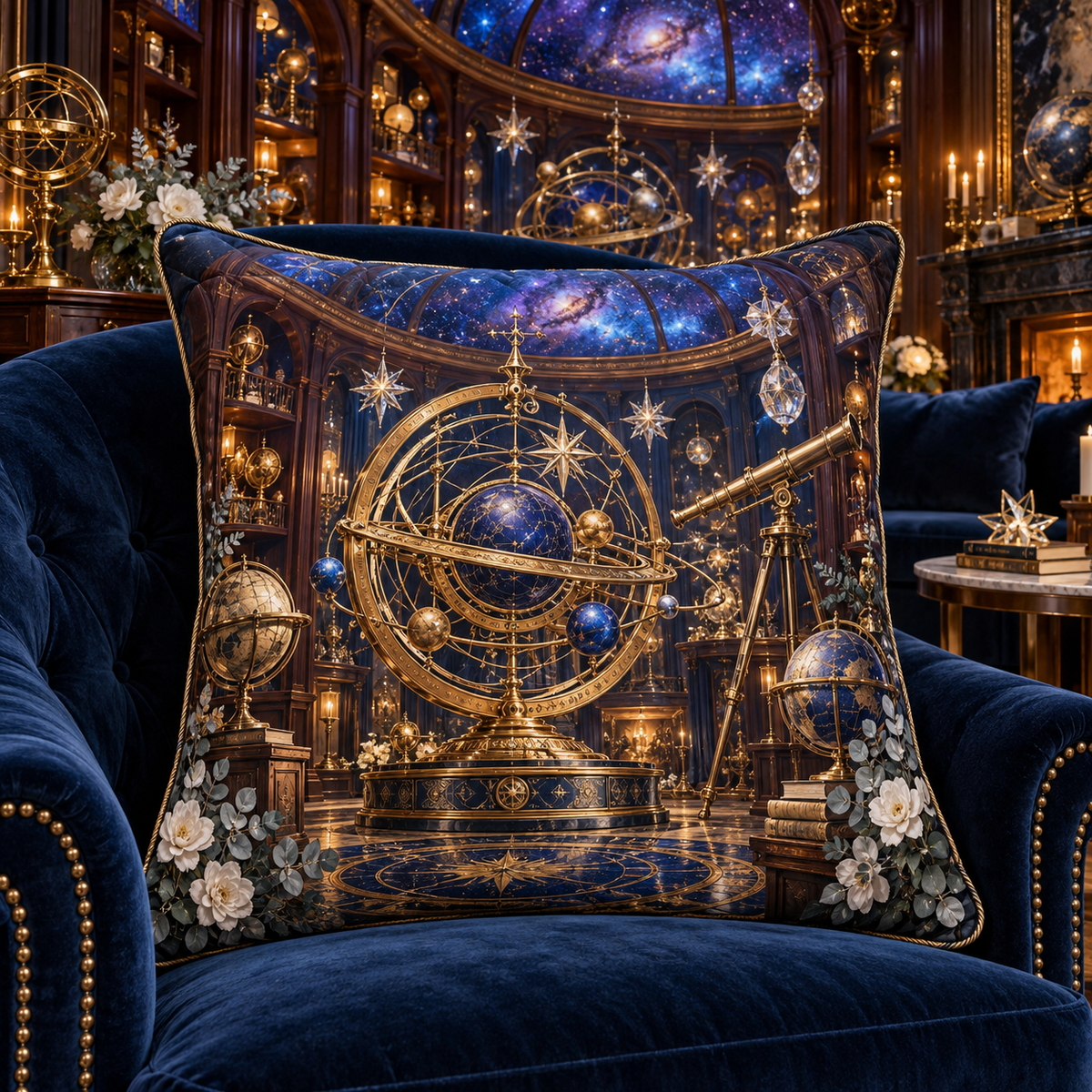 Celestial Curator Salon Quilted Cushion Cover with printed optical 3D artwork in its use setting