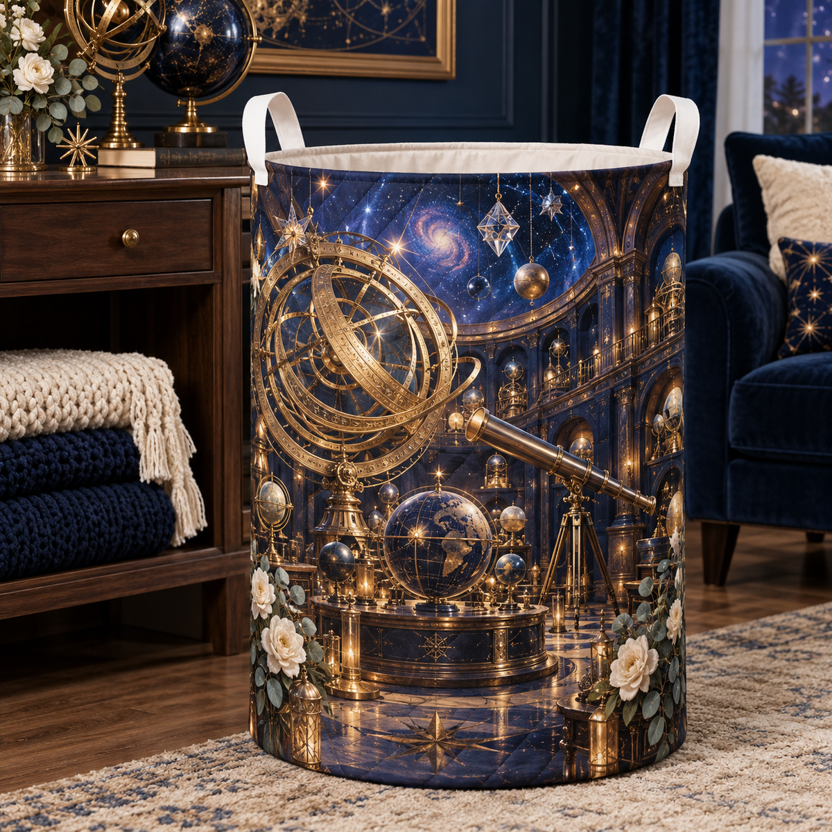 Celestial Curator Salon Laundry Hamper with printed optical 3D artwork in its use setting
