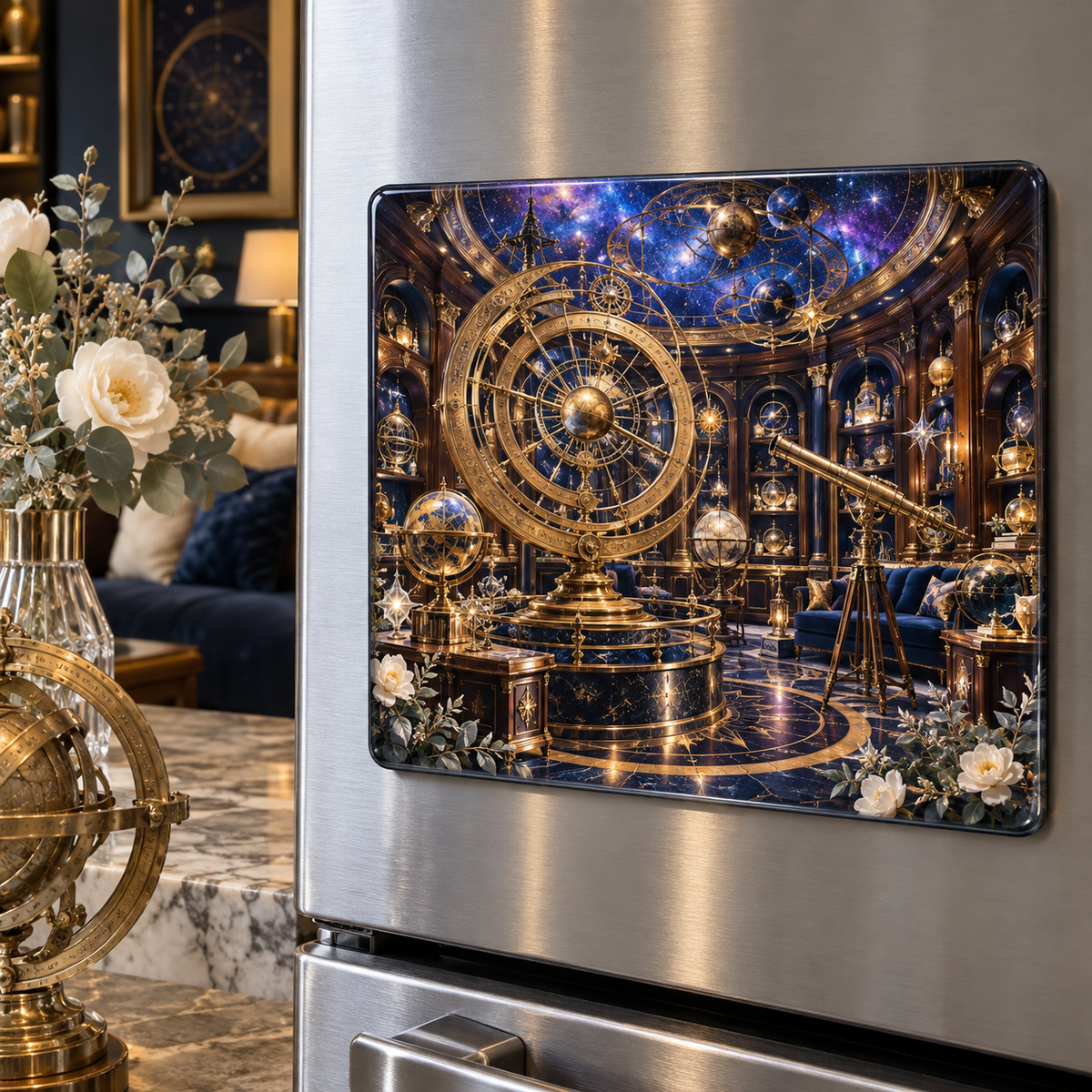 Celestial Curator Salon Acrylic Refrigerator Magnet with printed optical 3D artwork in its use setting