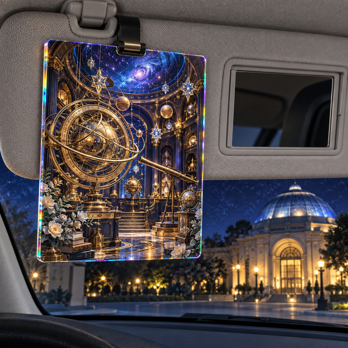Celestial Curator Salon Holographic Car Visor Clip with printed optical 3D artwork in its use setting