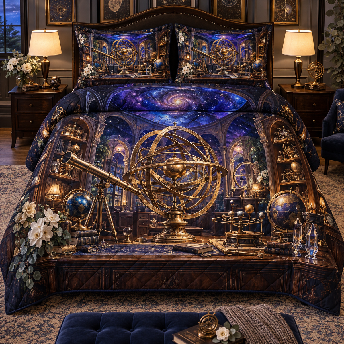 Midnight Astronomer Office Quilted Bedding Set with printed optical 3D artwork in its use setting
