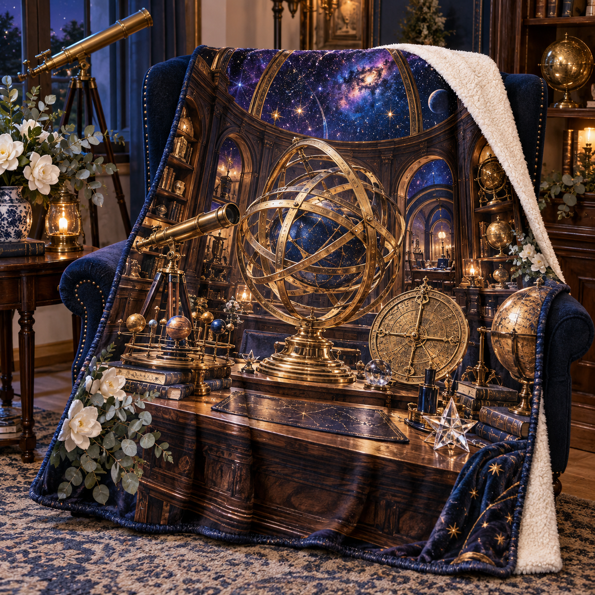 Midnight Astronomer Office Sherpa & Fleece Blanket with printed optical 3D artwork in its use setting