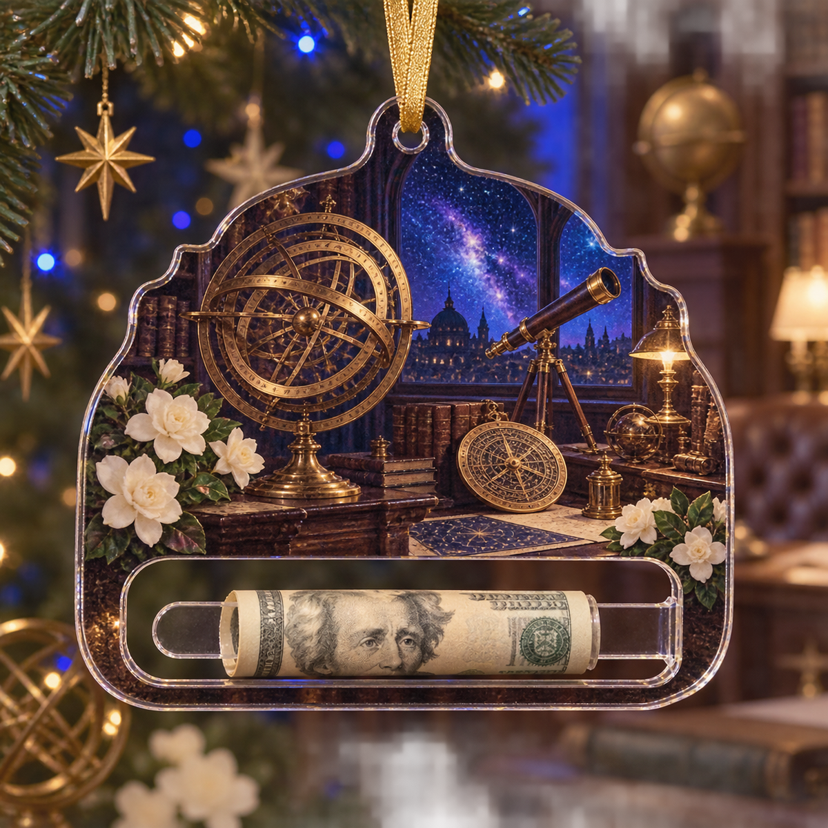 Midnight Astronomer Office Acrylic Cash Holder Ornament with printed optical 3D artwork in its use setting