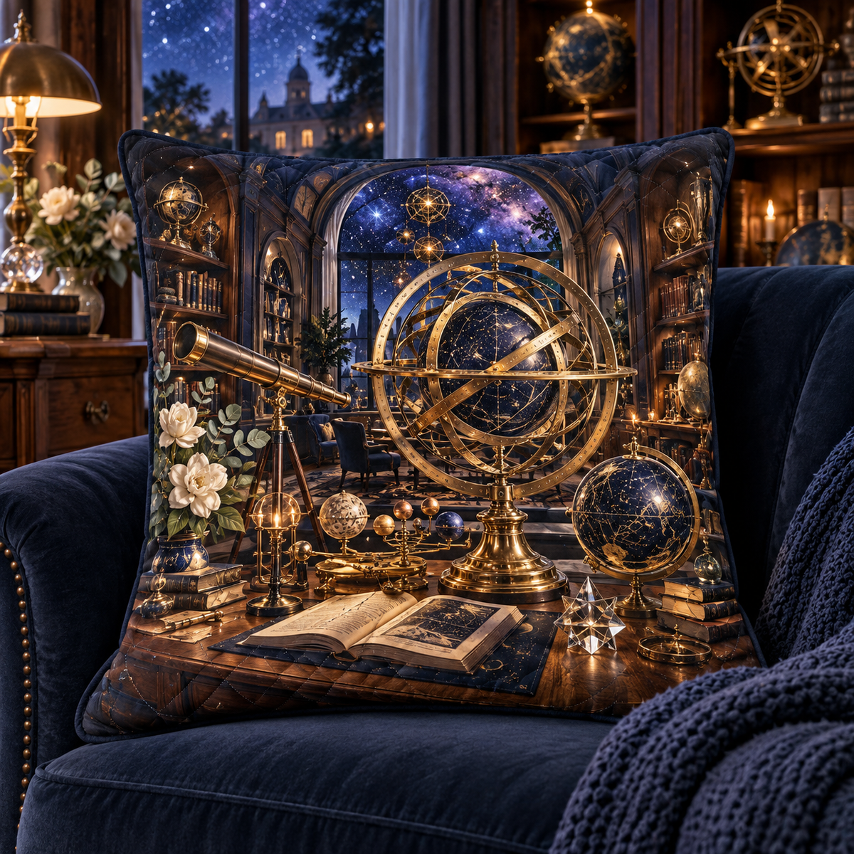 Midnight Astronomer Office Quilted Cushion Cover with printed optical 3D artwork in its use setting