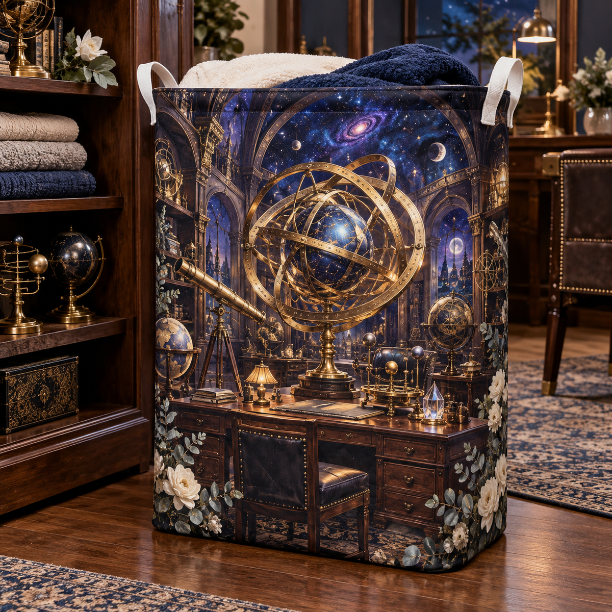 Midnight Astronomer Office Laundry Hamper with printed optical 3D artwork in its use setting