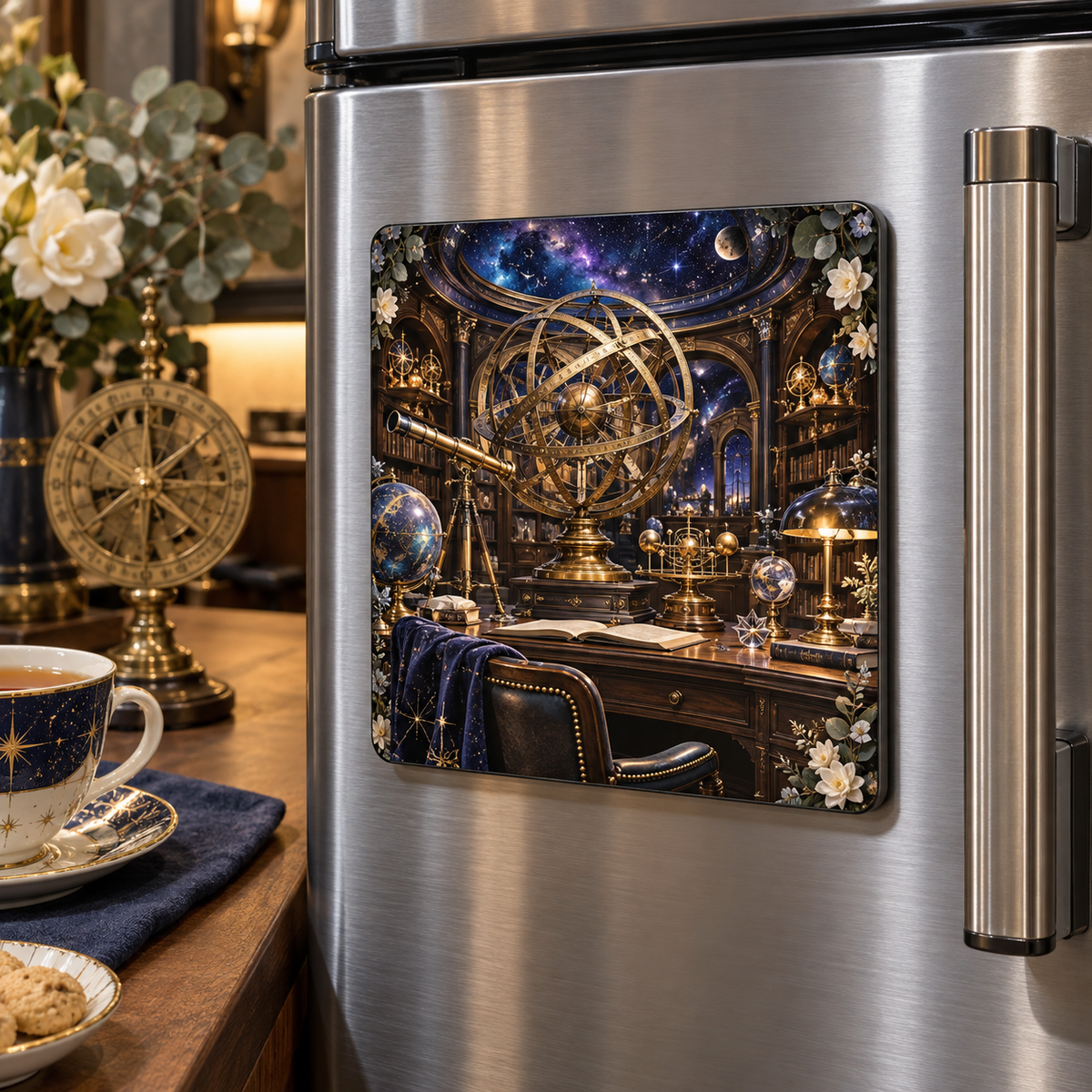 Midnight Astronomer Office Acrylic Refrigerator Magnet with printed optical 3D artwork in its use setting
