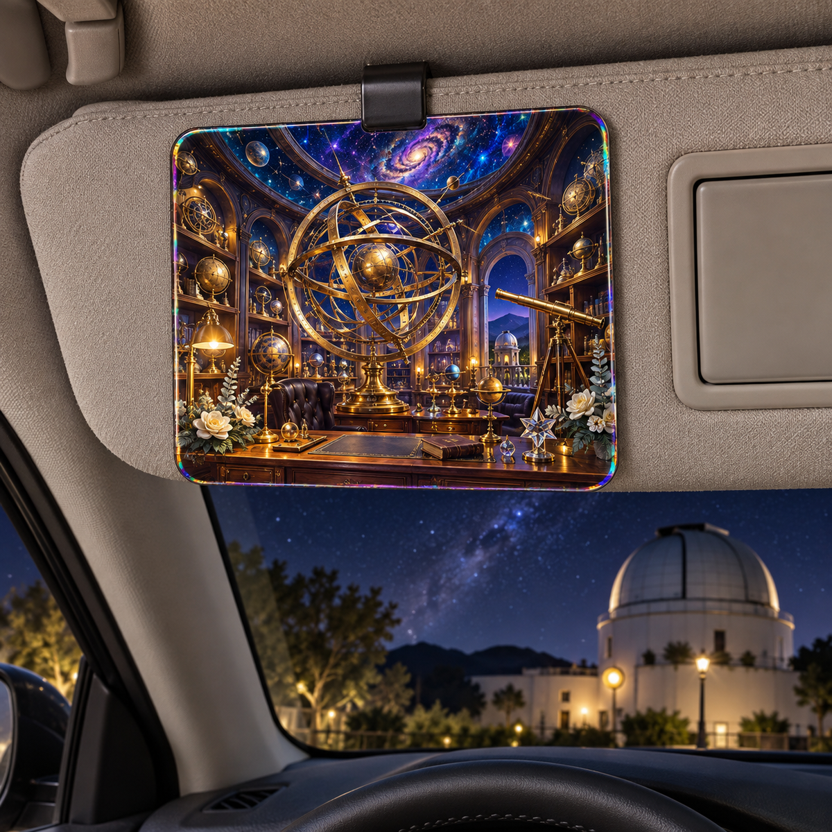 Midnight Astronomer Office Holographic Car Visor Clip with printed optical 3D artwork in its use setting
