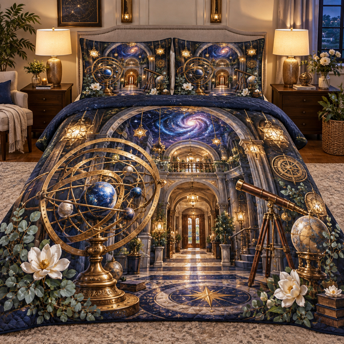 Celestial Welcome Observatory Quilted Bedding Set with printed optical 3D artwork in its use setting