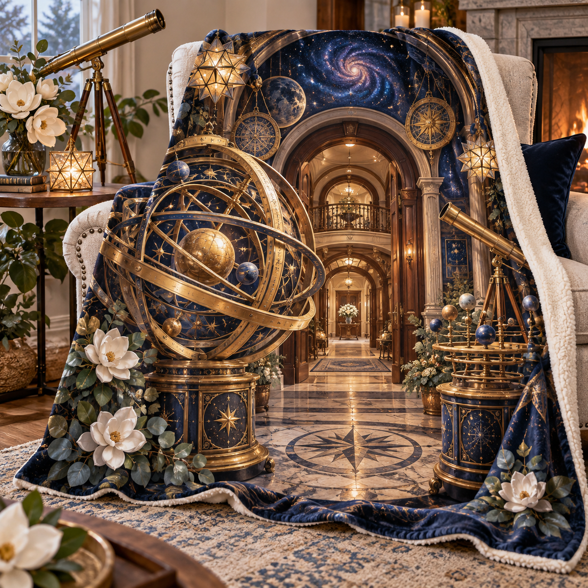 Celestial Welcome Observatory Sherpa & Fleece Blanket with printed optical 3D artwork in its use setting