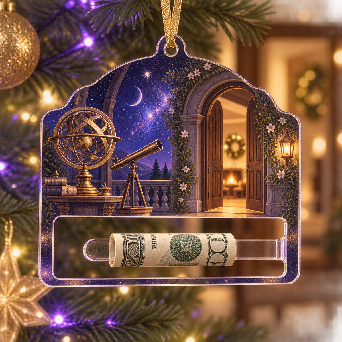 Celestial Welcome Observatory Acrylic Cash Holder Ornament with printed optical 3D artwork in its use setting