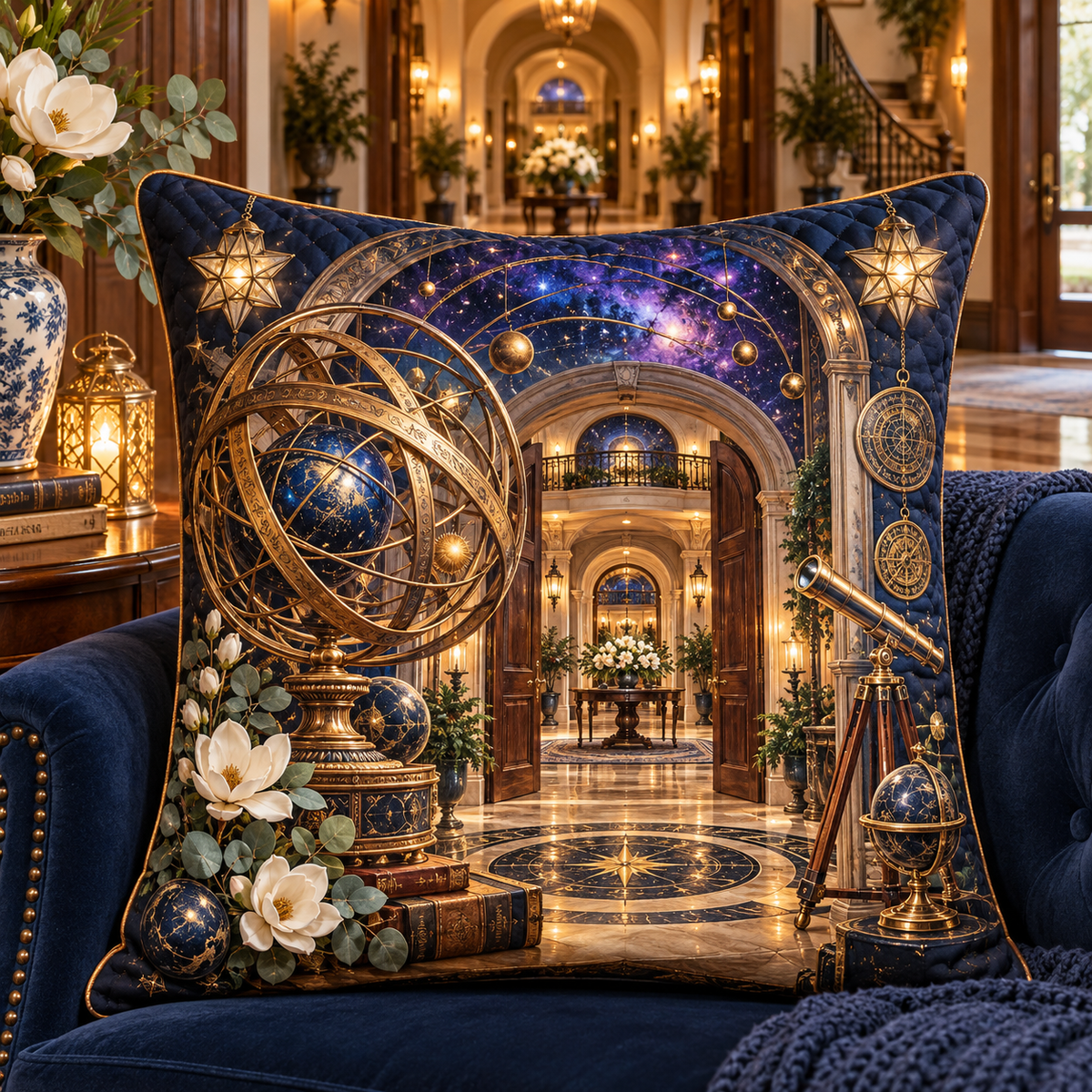 Celestial Welcome Observatory Quilted Cushion Cover with printed optical 3D artwork in its use setting