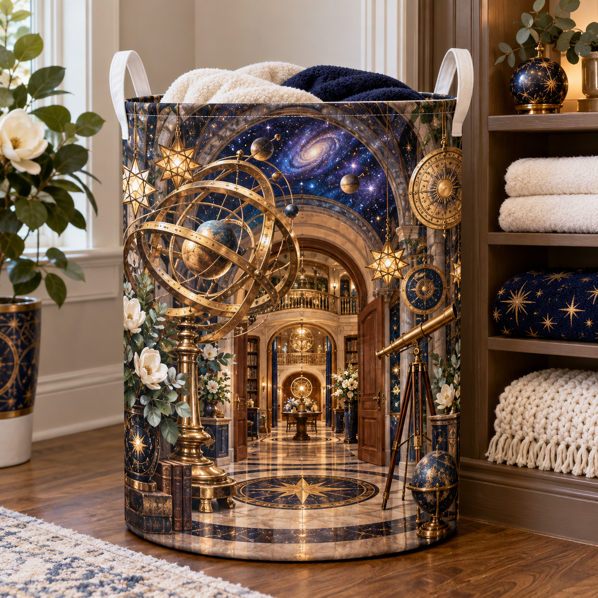 Celestial Welcome Observatory Laundry Hamper with printed optical 3D artwork in its use setting