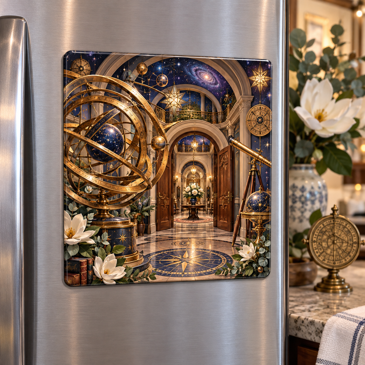 Celestial Welcome Observatory Acrylic Refrigerator Magnet with printed optical 3D artwork in its use setting