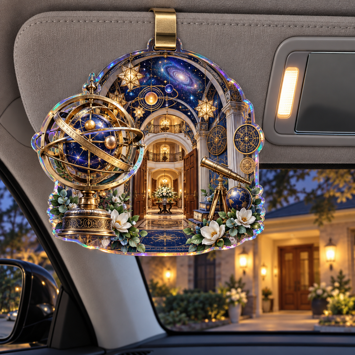Celestial Welcome Observatory Holographic Car Visor Clip with printed optical 3D artwork in its use setting