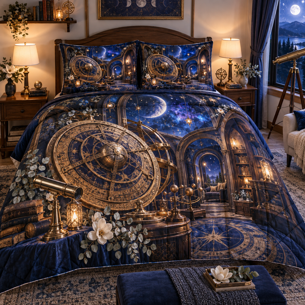 Moonlit Astrolabe Retreat Quilted Bedding Set with printed optical 3D artwork in its use setting
