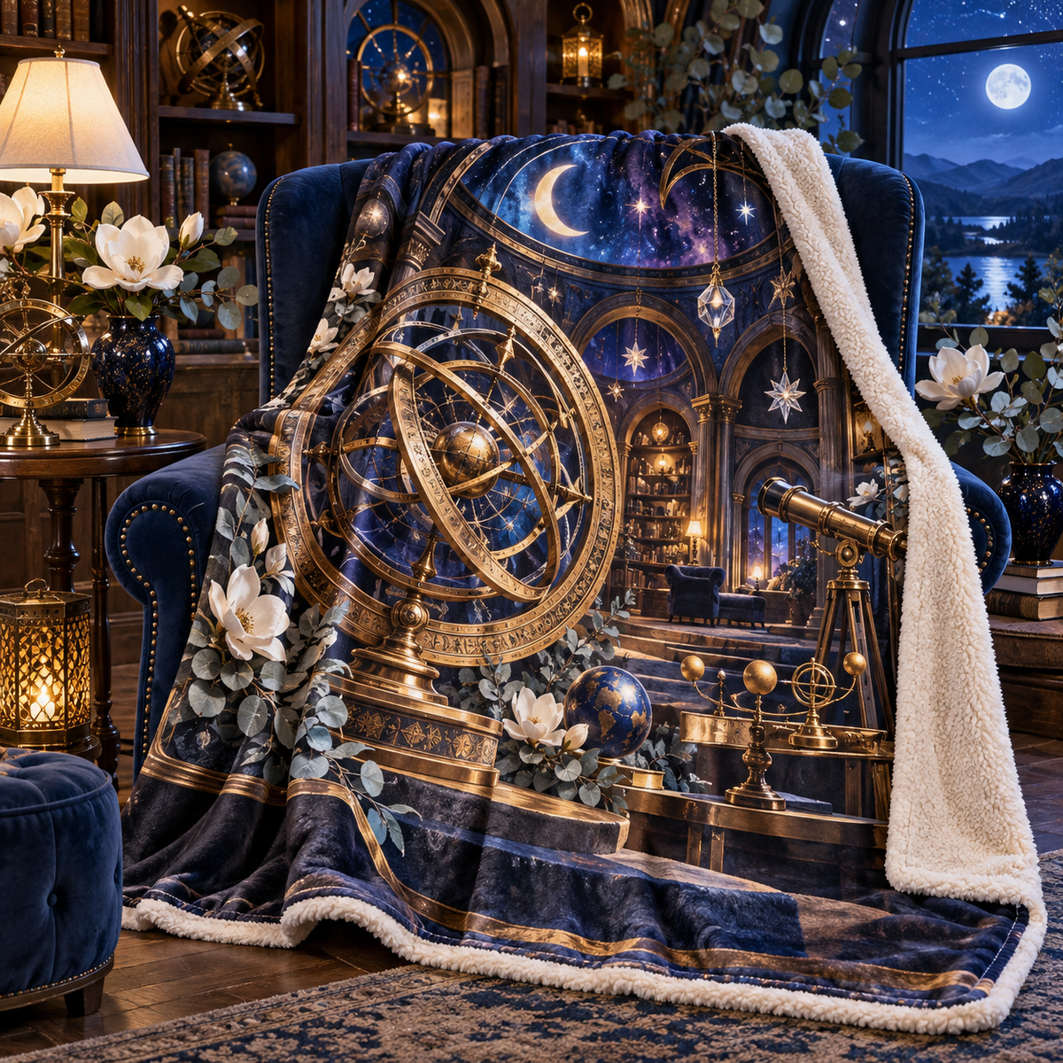 Moonlit Astrolabe Retreat Sherpa & Fleece Blanket with printed optical 3D artwork in its use setting