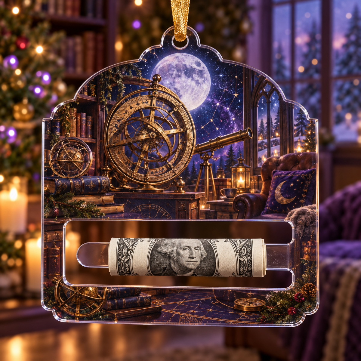 Moonlit Astrolabe Retreat Acrylic Cash Holder Ornament with printed optical 3D artwork in its use setting