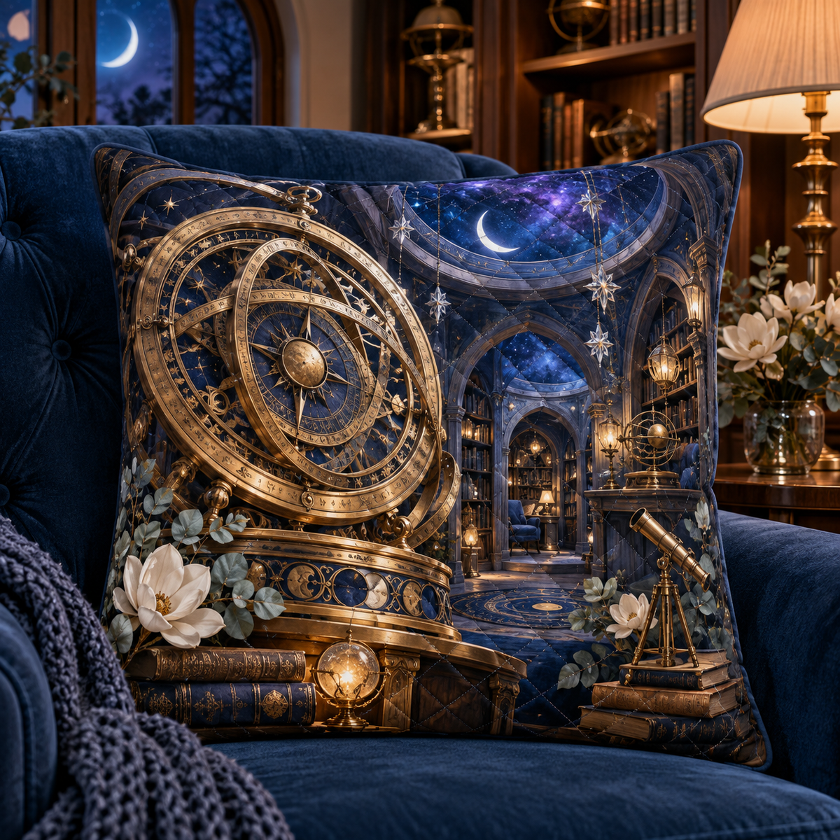 Moonlit Astrolabe Retreat Quilted Cushion Cover with printed optical 3D artwork in its use setting