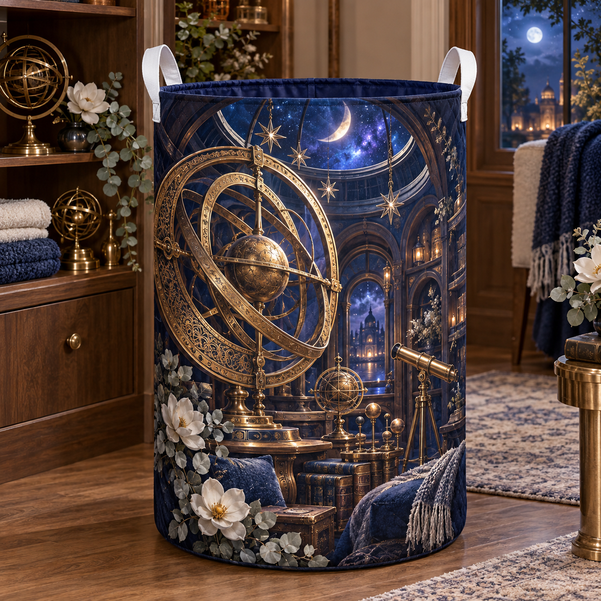 Moonlit Astrolabe Retreat Laundry Hamper with printed optical 3D artwork in its use setting