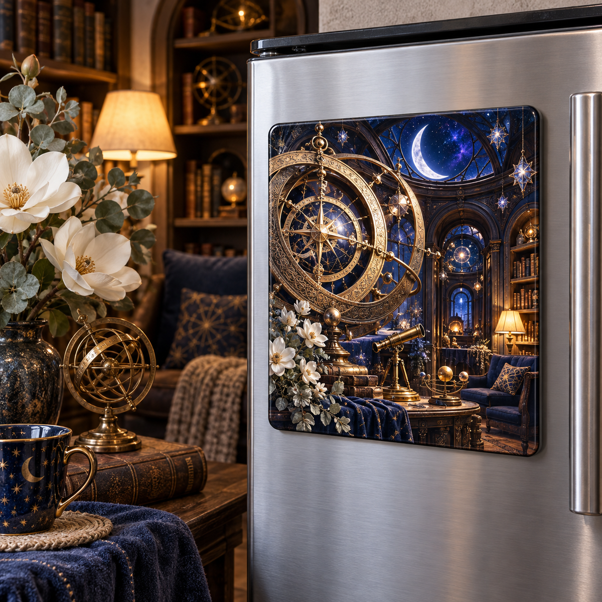 Moonlit Astrolabe Retreat Acrylic Refrigerator Magnet with printed optical 3D artwork in its use setting