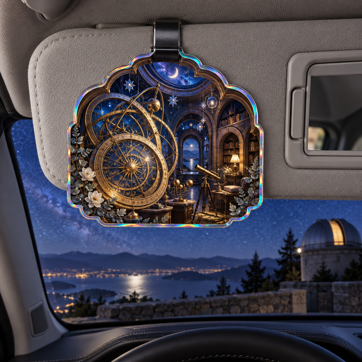 Moonlit Astrolabe Retreat Holographic Car Visor Clip with printed optical 3D artwork in its use setting